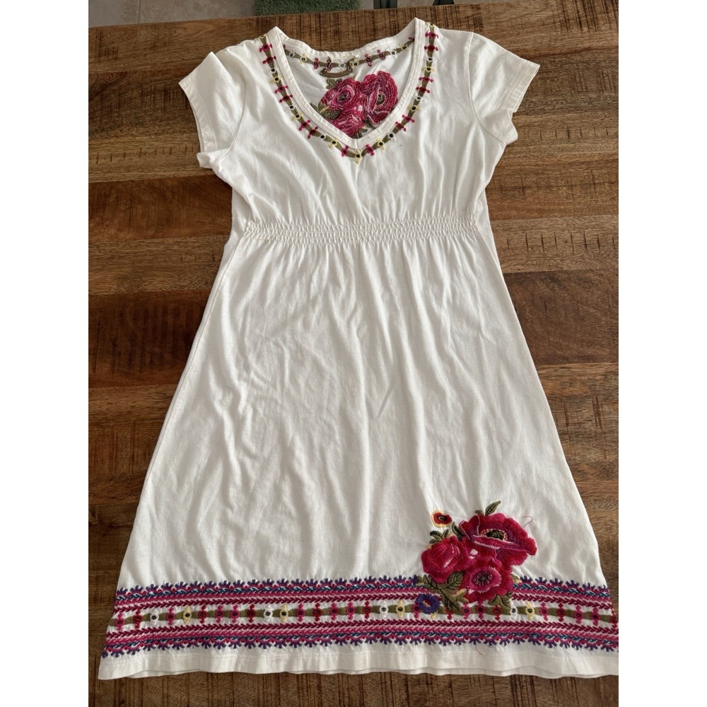 White Embroidered Mini Dress with Pink Floral Accents